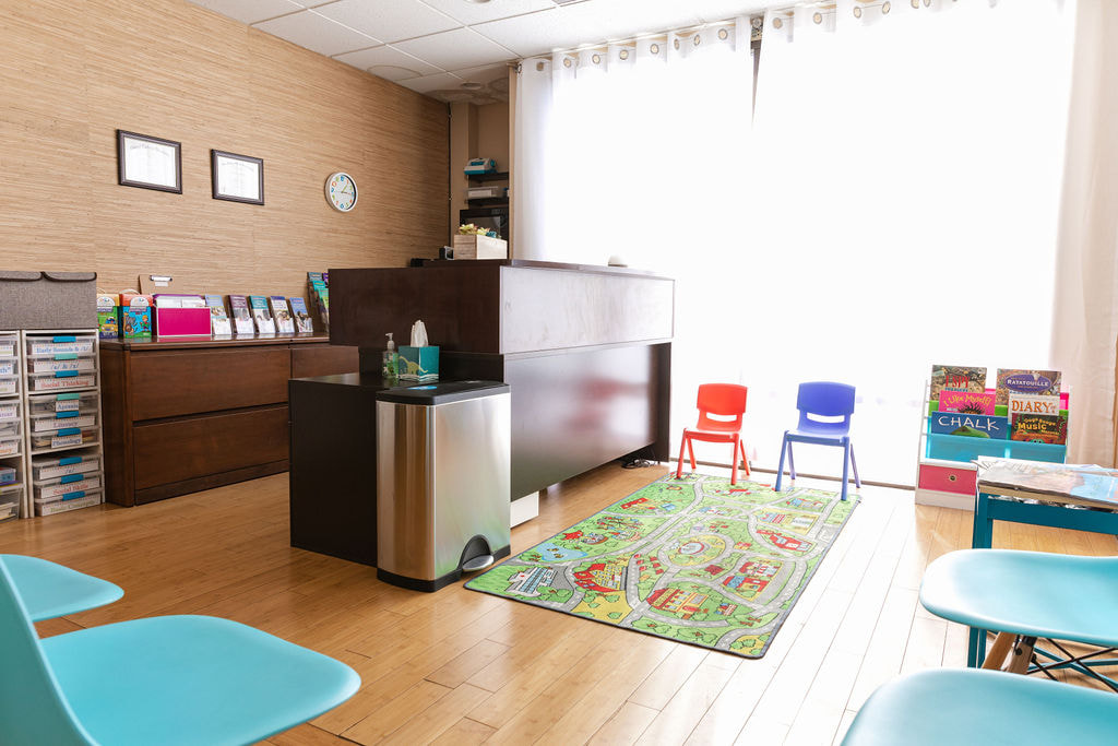 Ocean Beach Speech waiting room with colorful children's chairs and play area